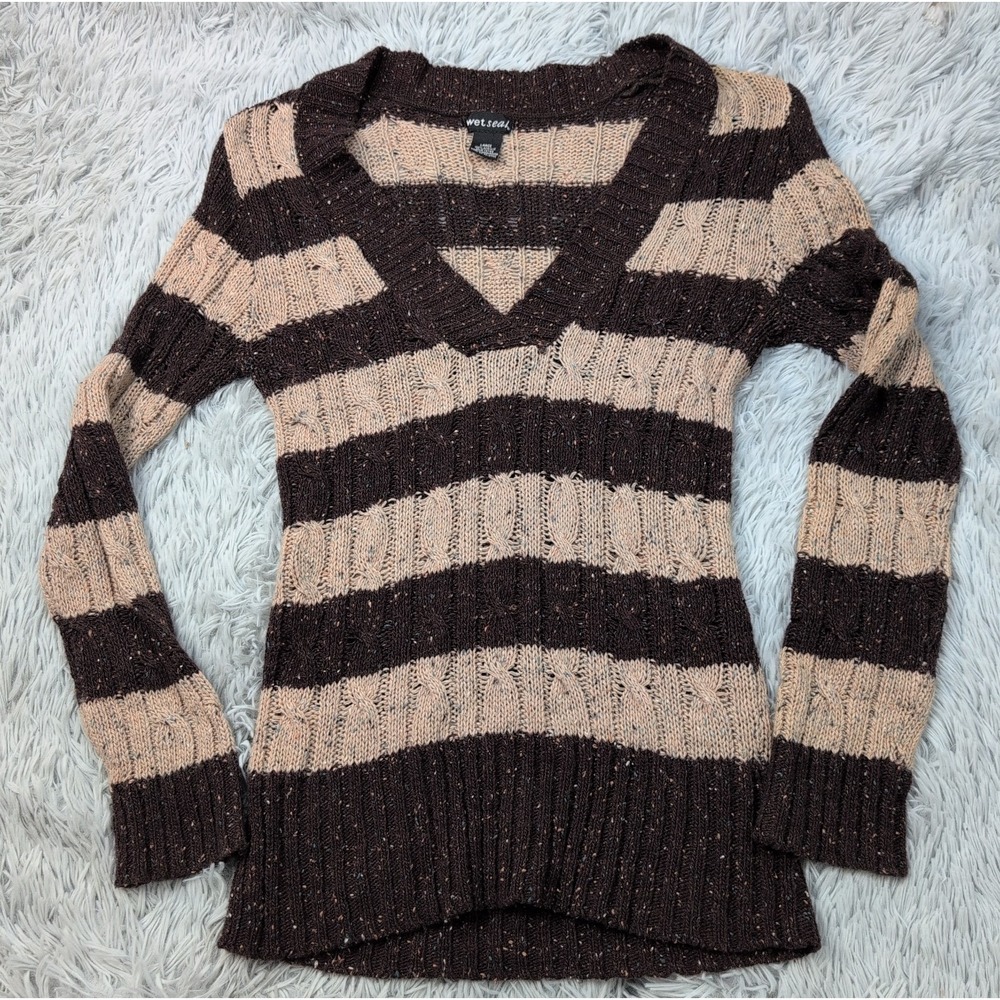 Wetseal Sweater Womens L Brown Striped Speckled Comfort V Neck Preppy Casual